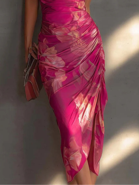 Mathilde | Fuchsia Bodycon Dress with Floral Print, Side Ruching and Slit