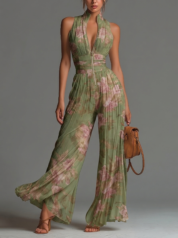 Charlotte™ | Flowing Pleated Jumpsuit with Green Floral Print