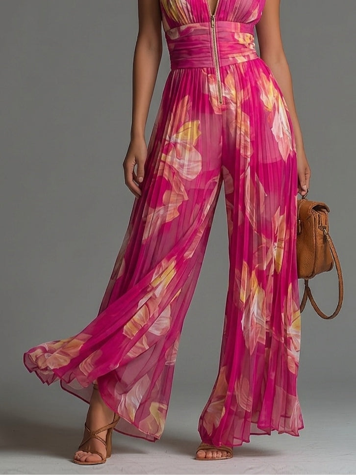 Fuchsia Floral Pleated Chiffon Jumpsuit
