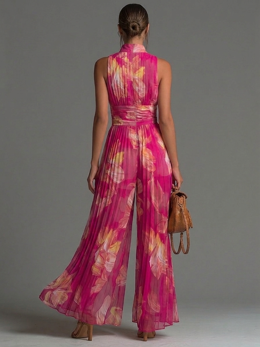 Fuchsia Floral Pleated Chiffon Jumpsuit