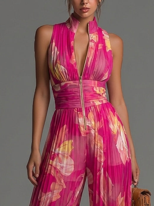 Fuchsia Floral Pleated Chiffon Jumpsuit
