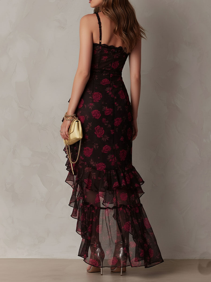 Edith | Black and Red Draped Floral Mini Dress with Ruffled Hem