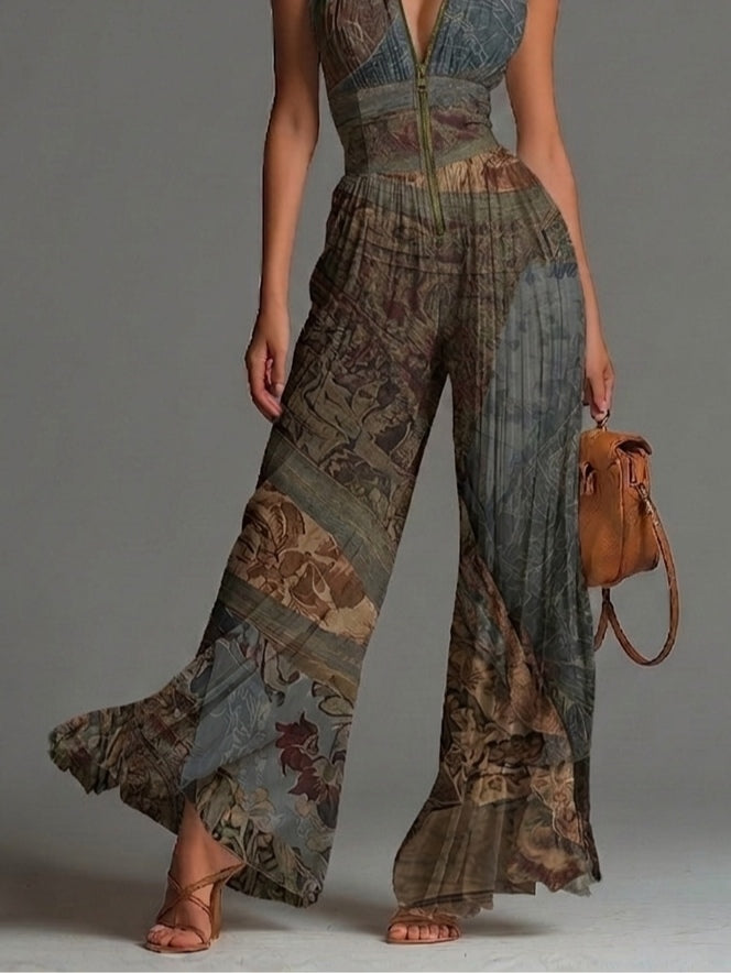 Camille™ | Flowing Pleated Jumpsuit with Bohemian Print