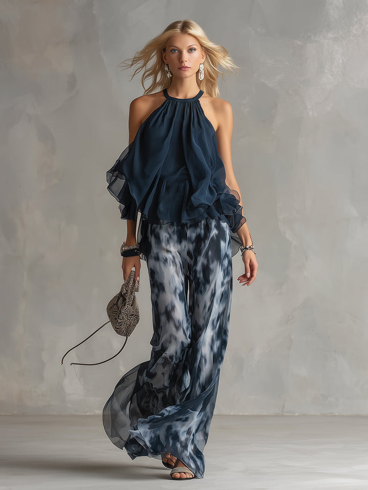 Ludovica – Elegant chiffon set with high-neck top and wide-leg printed trousers