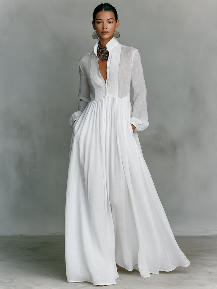 Maxi Minimalist Dress in Cotton &amp; Linen with Patchwork, High Collar and Long Sleeves