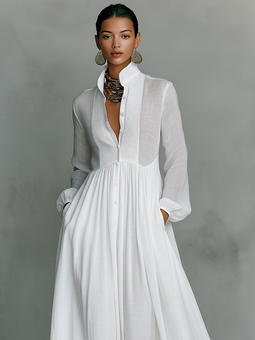 Maxi Minimalist Dress in Cotton &amp; Linen with Patchwork, High Collar and Long Sleeves