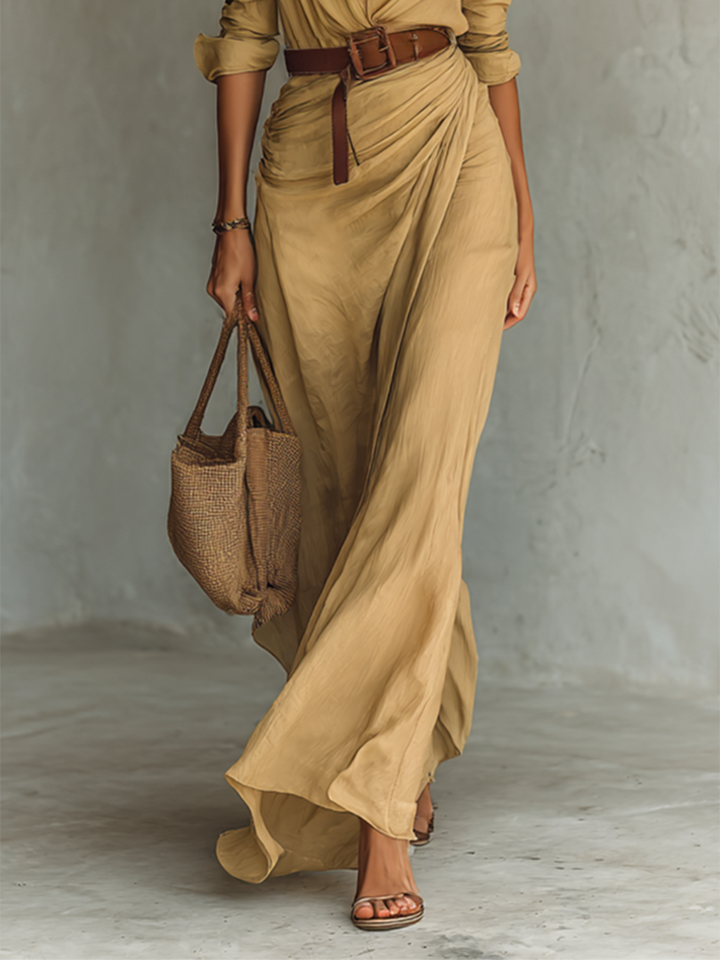 Maxi Long Dress with Lapel Collar and Long Sleeves for Women