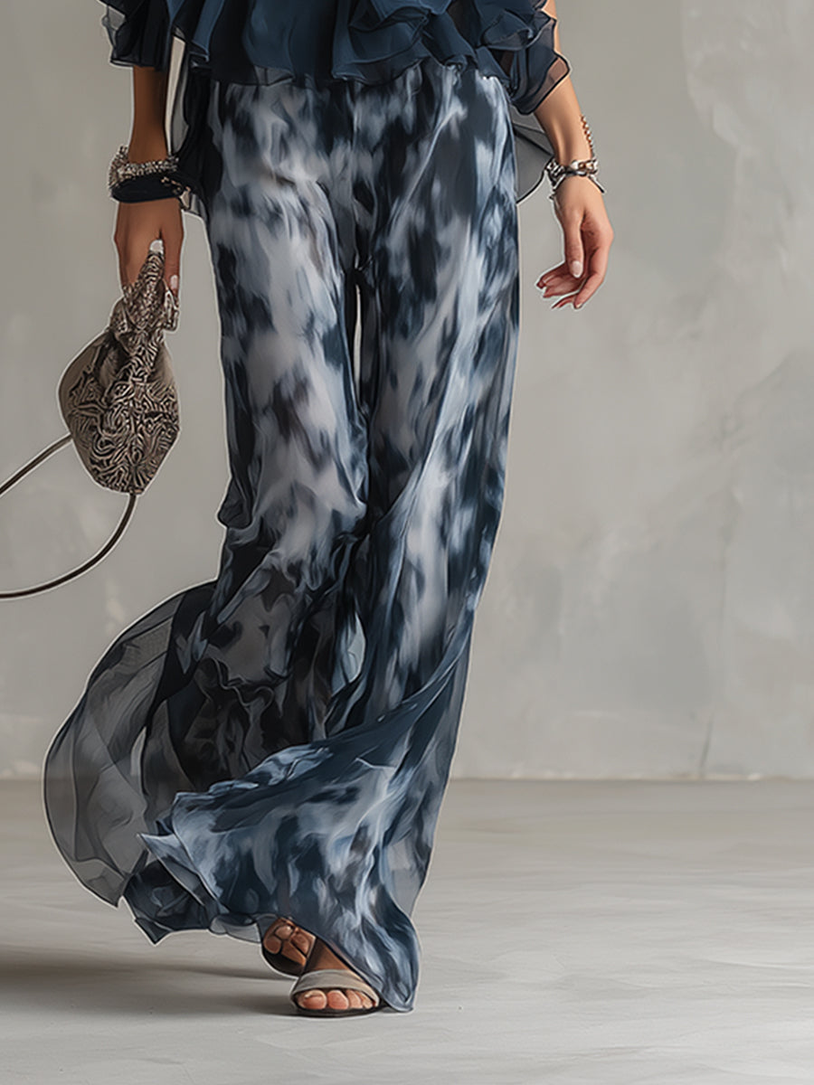 Ludovica – Elegant chiffon set with high-neck top and wide-leg printed trousers