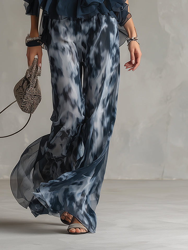 Ludovica – Elegant chiffon set with high-neck top and wide-leg printed trousers