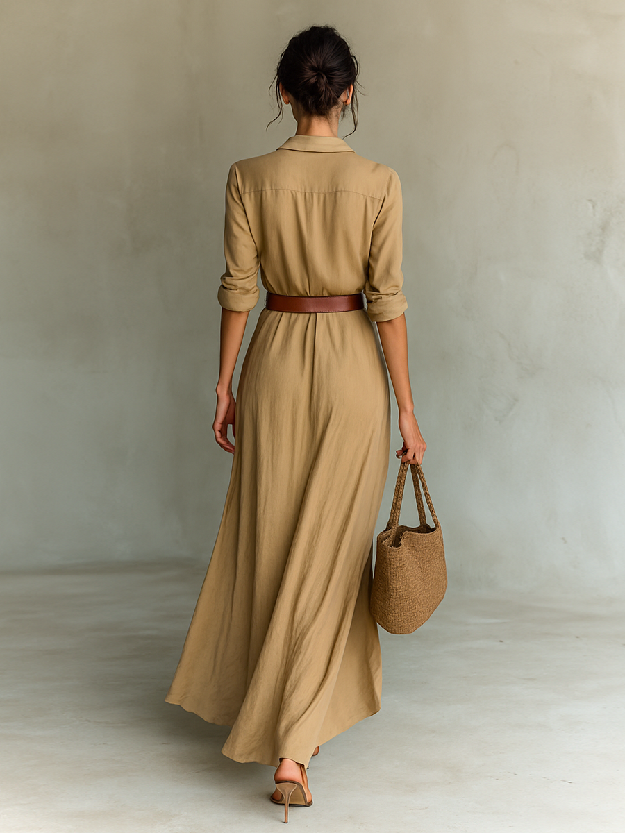 Maxi Long Dress with Lapel Collar and Long Sleeves for Women