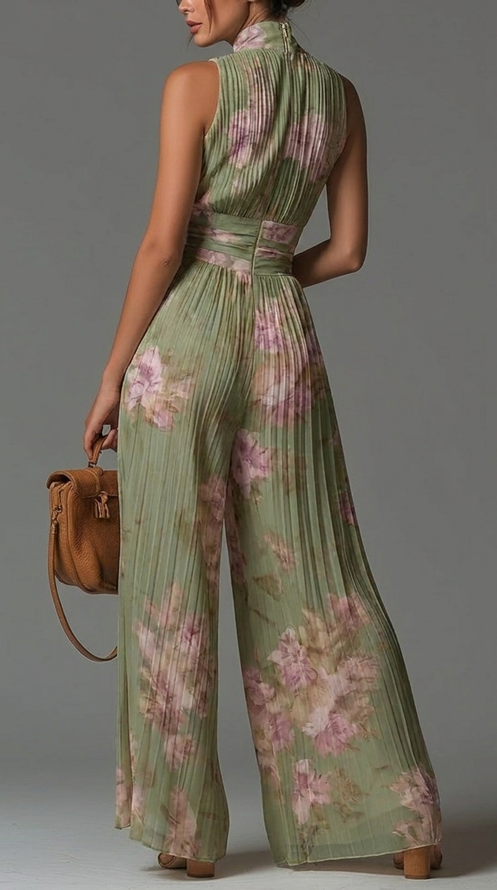Pleated Floral Chiffon Jumpsuit